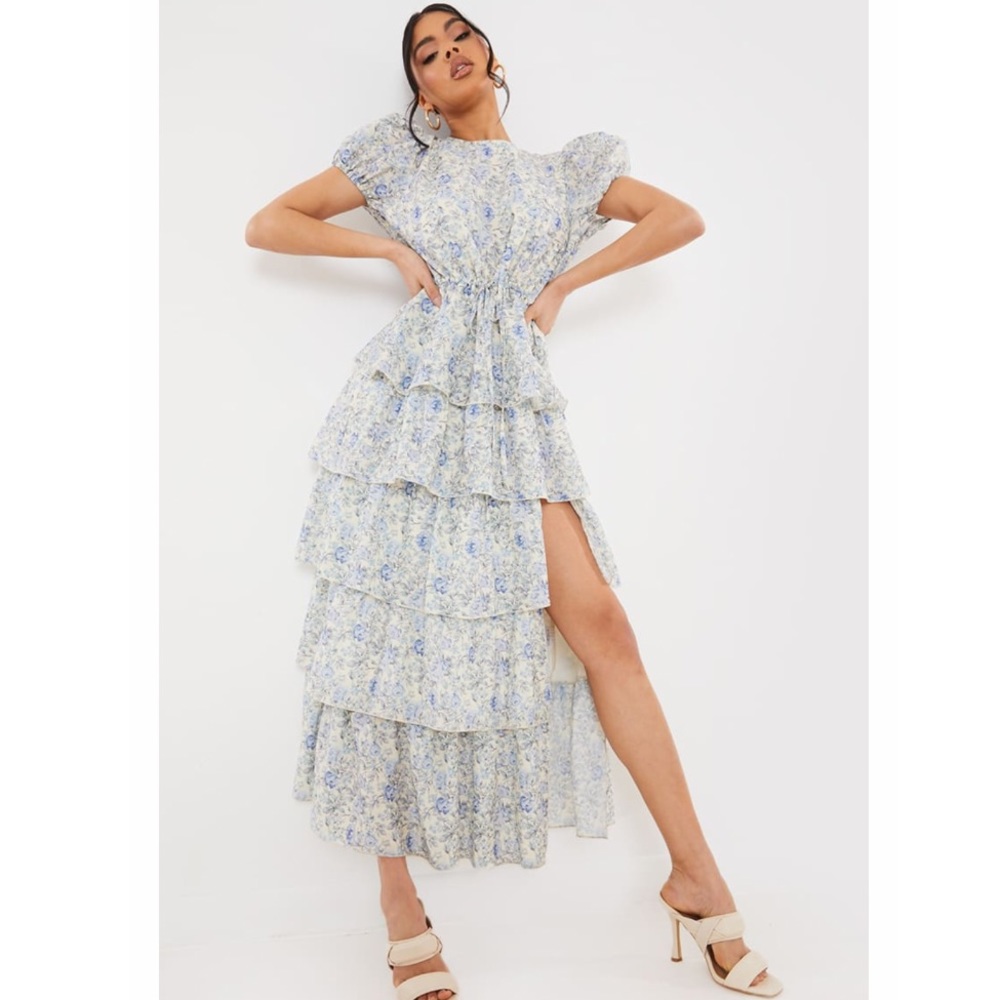 LORNA LUXE BLUE 'BOHEMIA' FLORAL TIERED FRILL SIDE SPLIT MAXI DRESS